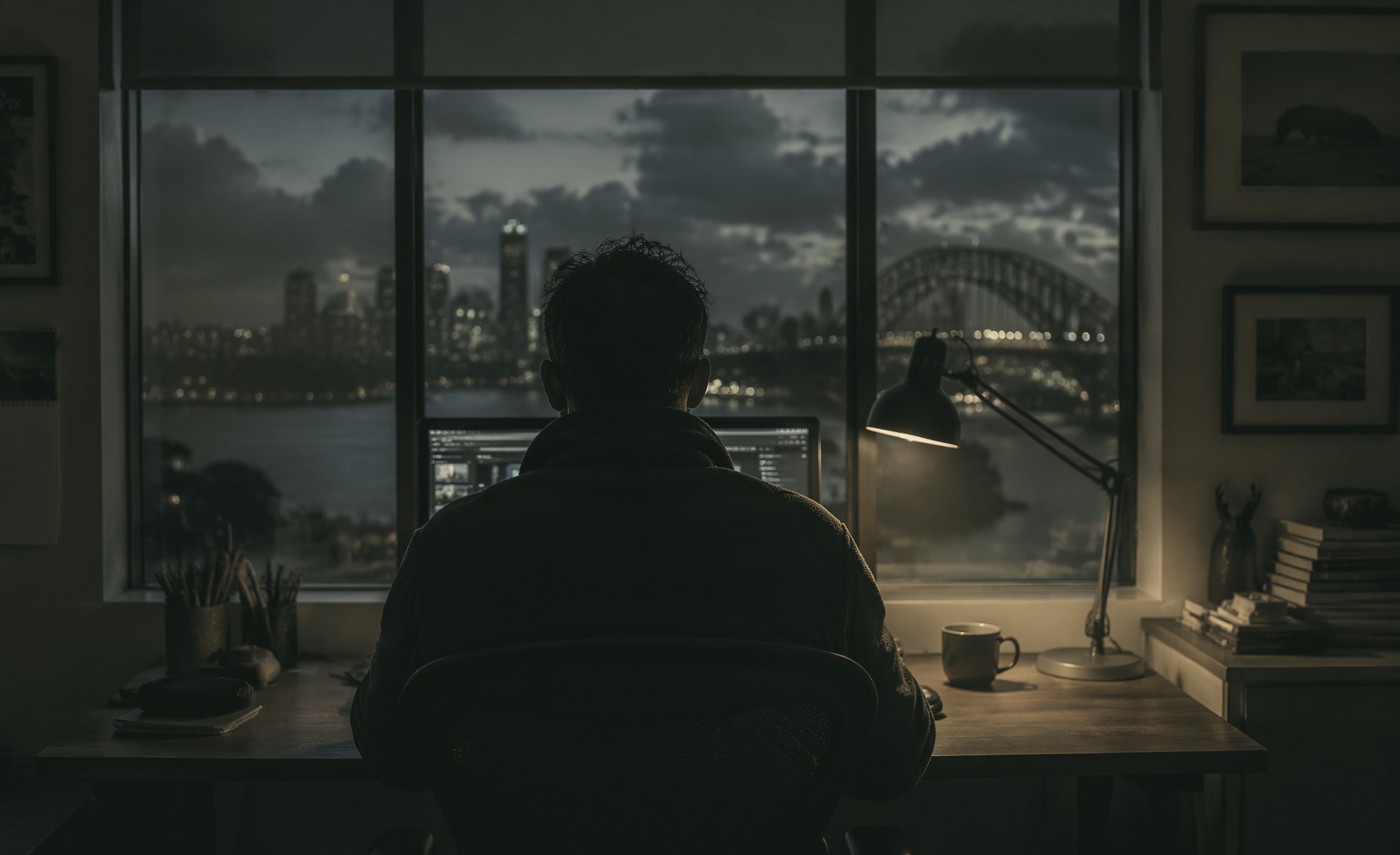A founder at his desk before sunrise, one lit screen, the harbour city dark beyond the window.